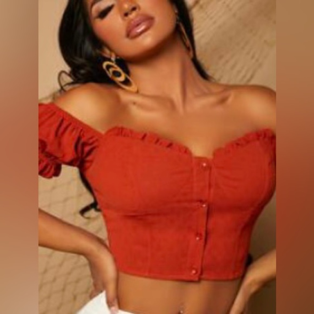 Shein | Womens Rust Orange Short Sleeve off the shoulder ruffled crop top Size L